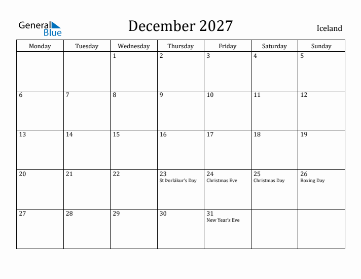 December 2027 Calendar Iceland
