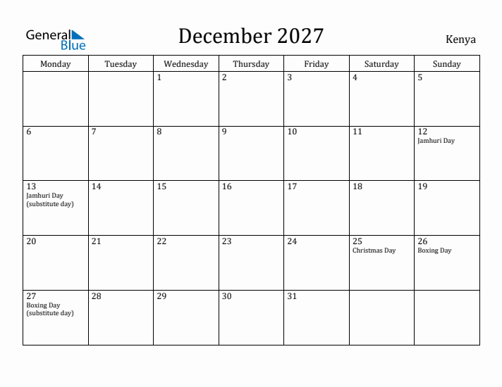 December 2027 Calendar Kenya