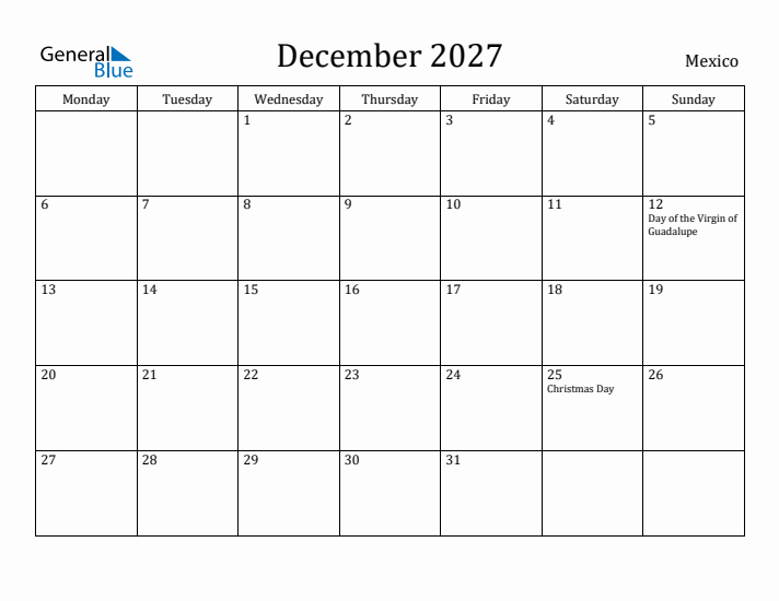 December 2027 Calendar Mexico