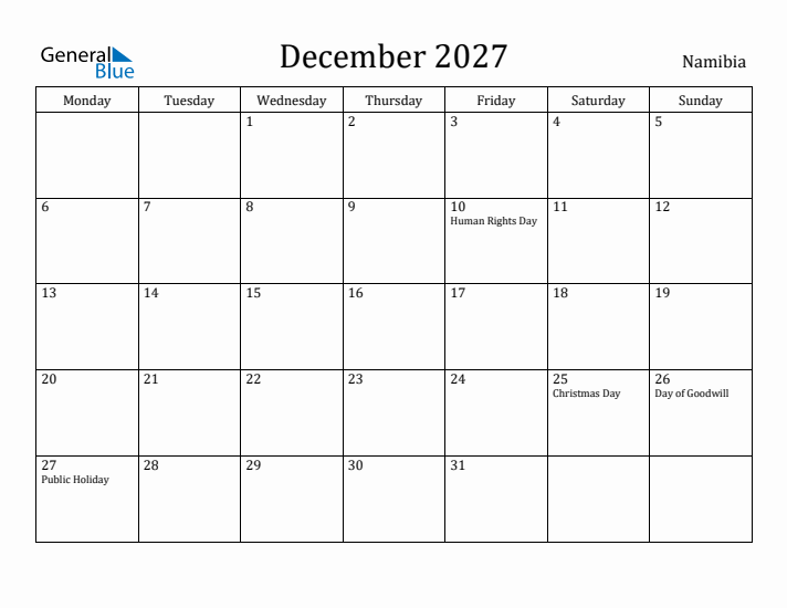 December 2027 Calendar Namibia