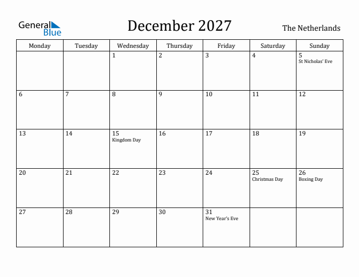 December 2027 Calendar The Netherlands