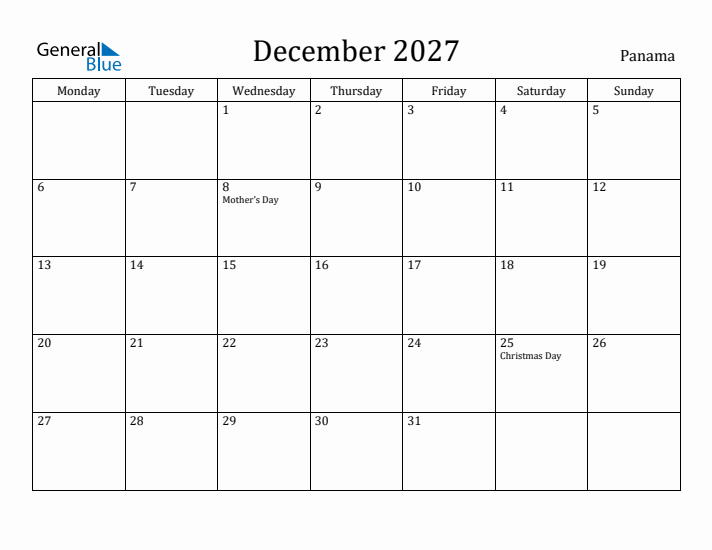 December 2027 Calendar Panama