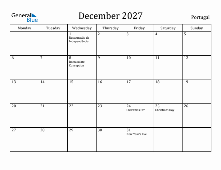 December 2027 Calendar Portugal