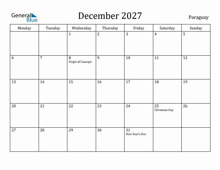 December 2027 Calendar Paraguay