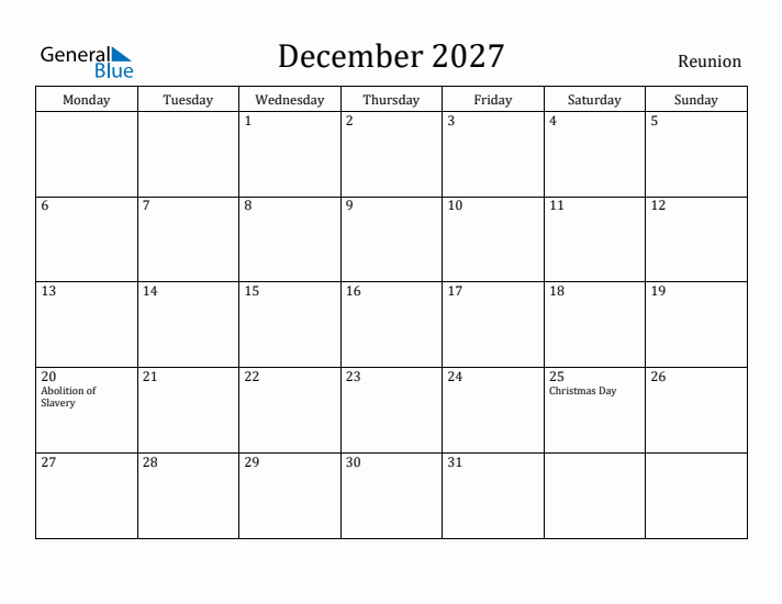 December 2027 Calendar Reunion