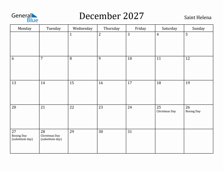 December 2027 Calendar Saint Helena