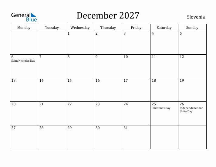 December 2027 Calendar Slovenia