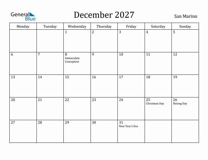 December 2027 Calendar San Marino