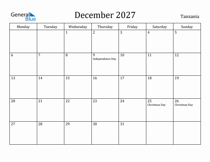 December 2027 Calendar Tanzania