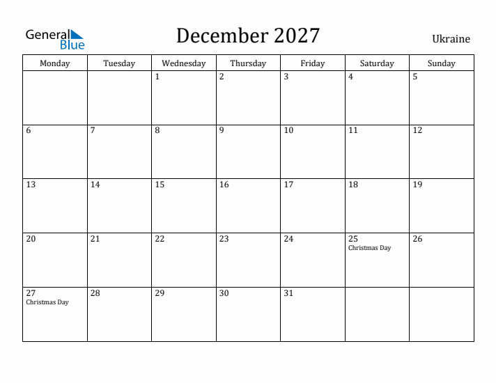 December 2027 Calendar Ukraine