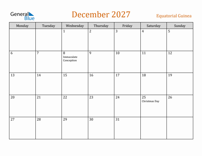 December 2027 Holiday Calendar with Monday Start