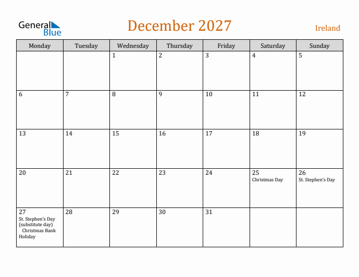 December 2027 Holiday Calendar with Monday Start