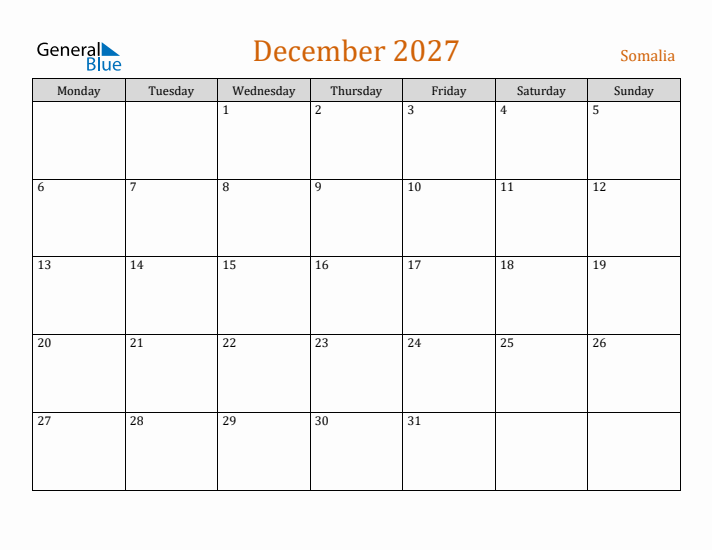 December 2027 Holiday Calendar with Monday Start