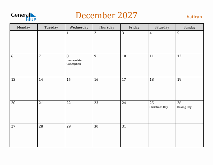 December 2027 Holiday Calendar with Monday Start