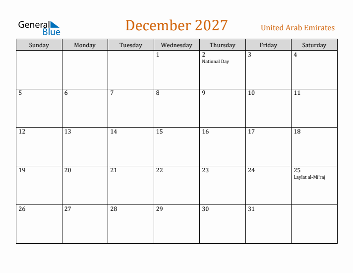 December 2027 Holiday Calendar with Sunday Start