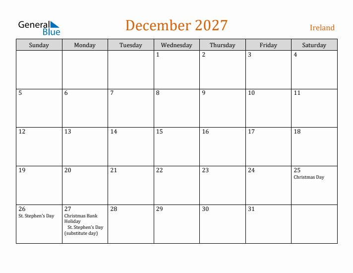 December 2027 Holiday Calendar with Sunday Start