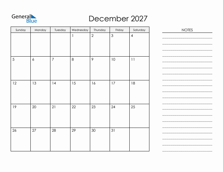 Printable Monthly Calendar with Notes - December 2027