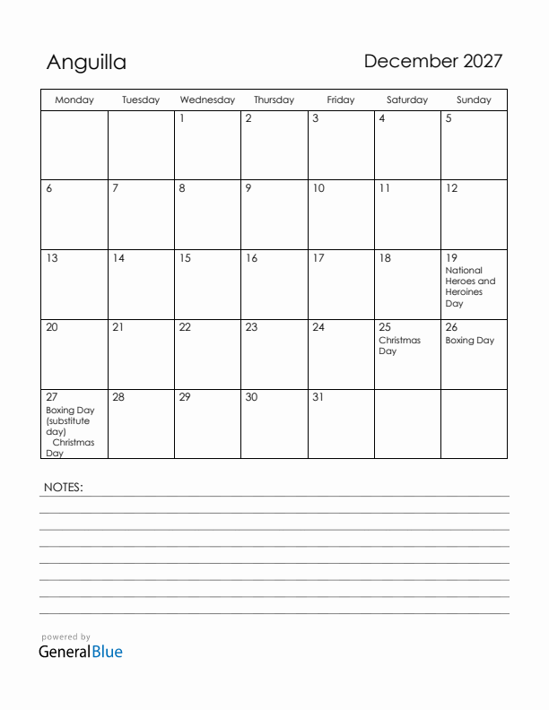 December 2027 Anguilla Calendar with Holidays (Monday Start)