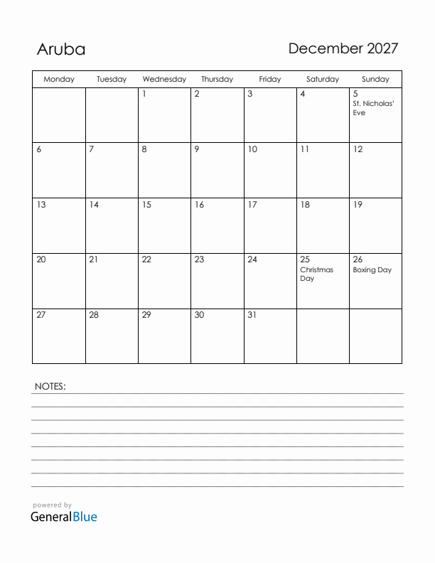 December 2027 Aruba Calendar with Holidays (Monday Start)