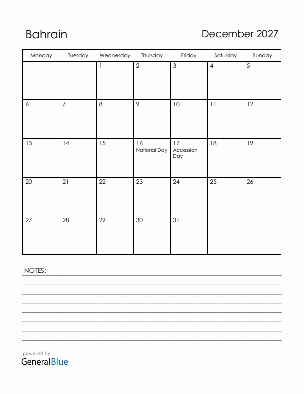 December 2027 Bahrain Calendar with Holidays (Monday Start)