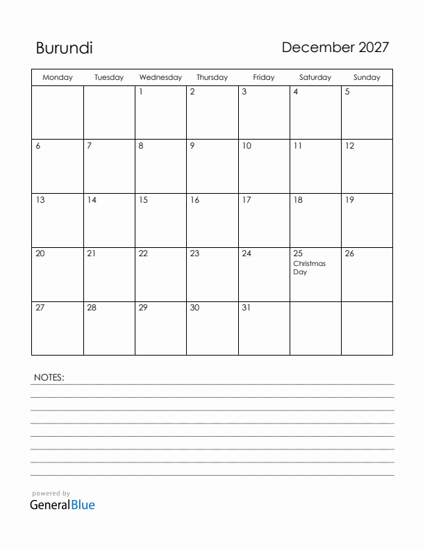 December 2027 Burundi Calendar with Holidays (Monday Start)