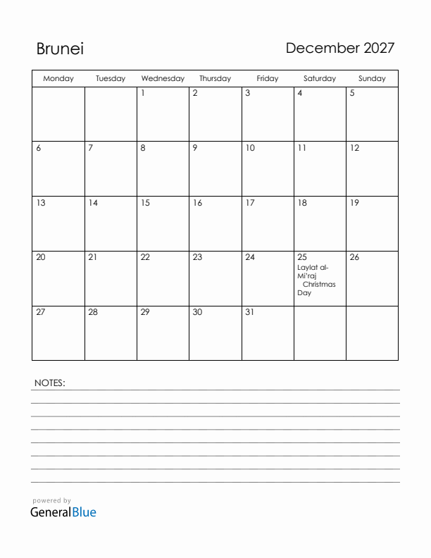 December 2027 Brunei Calendar with Holidays (Monday Start)