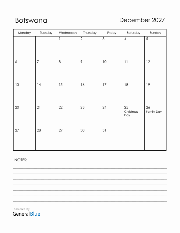 December 2027 Botswana Calendar with Holidays (Monday Start)