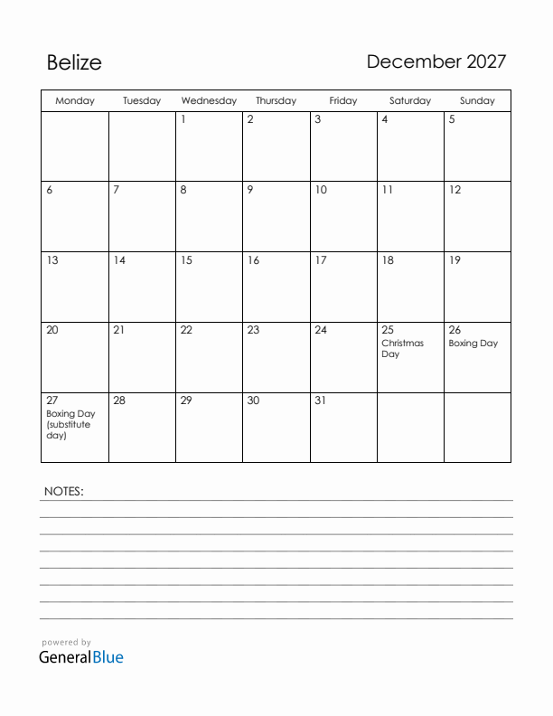December 2027 Belize Calendar with Holidays (Monday Start)