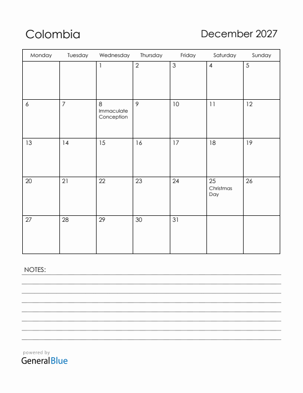 December 2027 Colombia Calendar with Holidays (Monday Start)