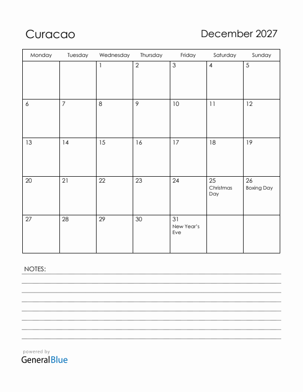 December 2027 Curacao Calendar with Holidays (Monday Start)