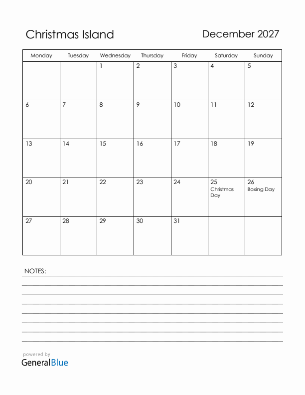 December 2027 Christmas Island Calendar with Holidays (Monday Start)