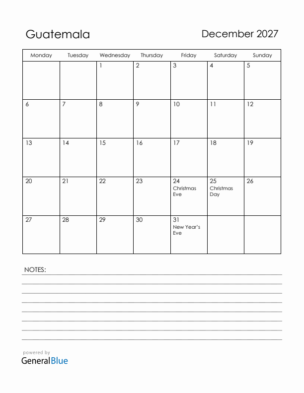 December 2027 Guatemala Calendar with Holidays (Monday Start)