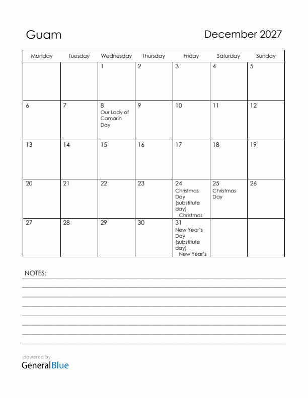 December 2027 Guam Calendar with Holidays (Monday Start)