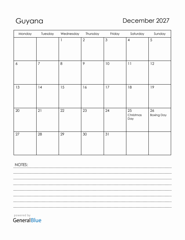 December 2027 Guyana Calendar with Holidays (Monday Start)