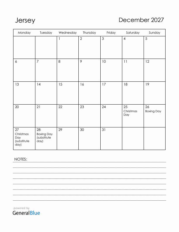 December 2027 Jersey Calendar with Holidays (Monday Start)