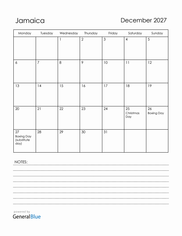 December 2027 Jamaica Calendar with Holidays (Monday Start)