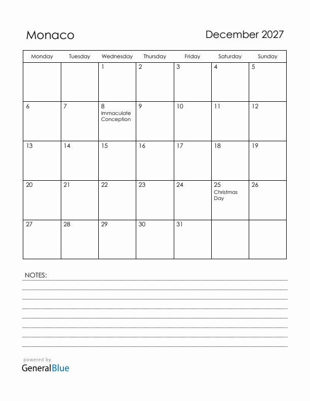 December 2027 Monaco Calendar with Holidays (Monday Start)