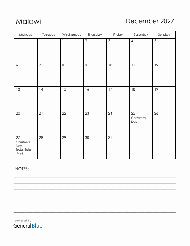 December 2027 Malawi Calendar with Holidays (Monday Start)