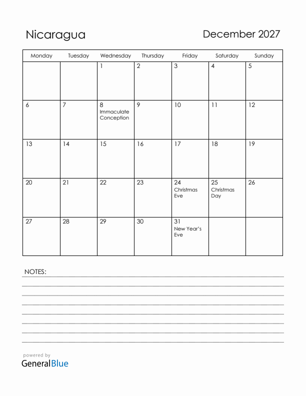 December 2027 Nicaragua Calendar with Holidays (Monday Start)