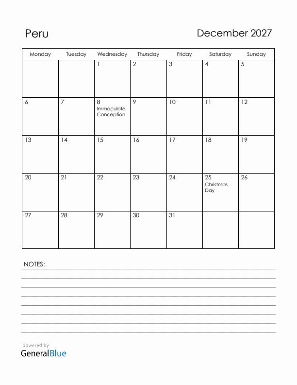 December 2027 Peru Calendar with Holidays (Monday Start)