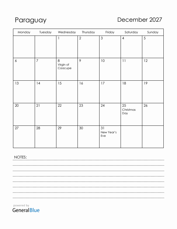 December 2027 Paraguay Calendar with Holidays (Monday Start)