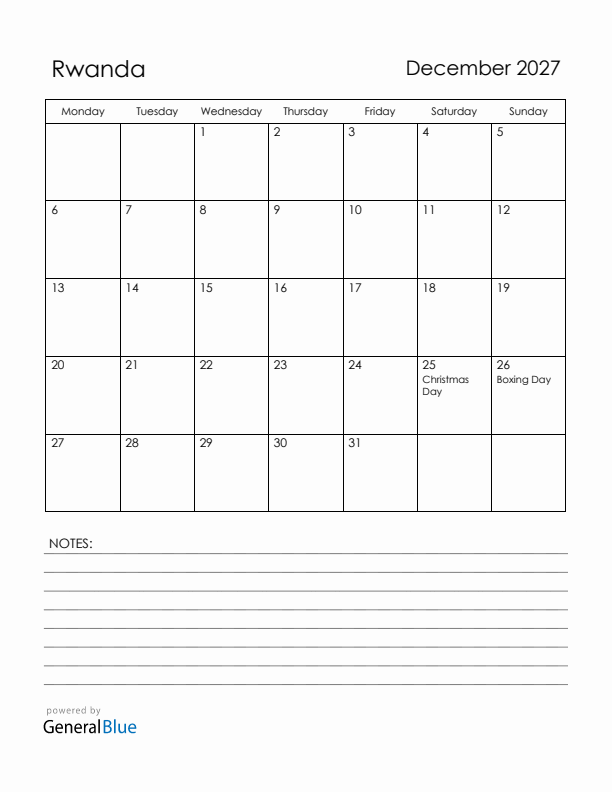 December 2027 Rwanda Calendar with Holidays (Monday Start)