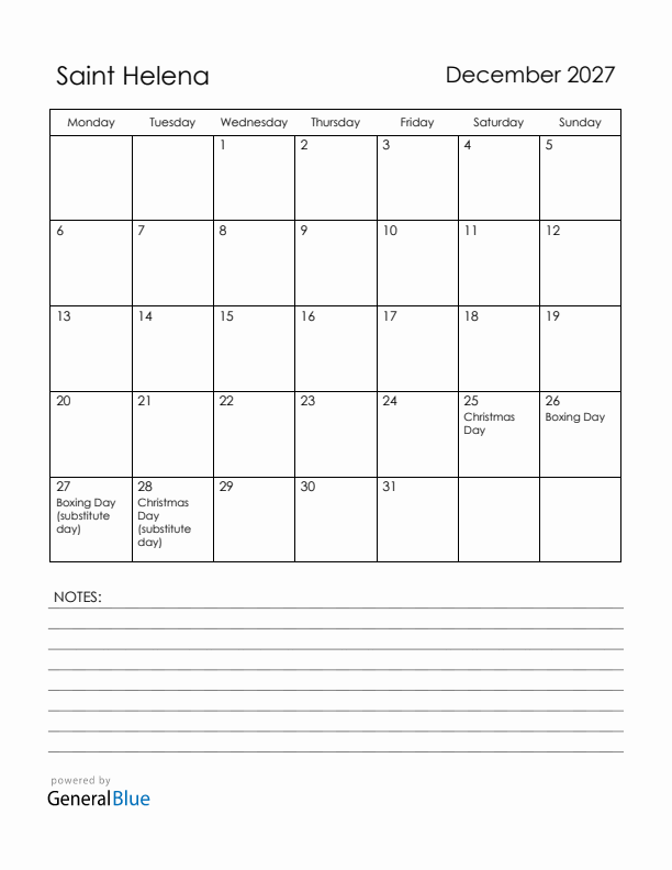 December 2027 Saint Helena Calendar with Holidays (Monday Start)