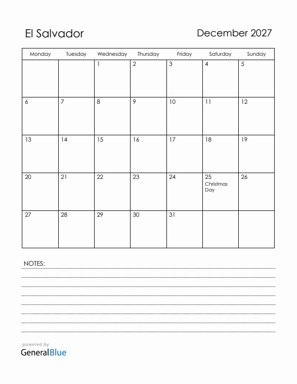 December 2027 El Salvador Calendar with Holidays (Monday Start)