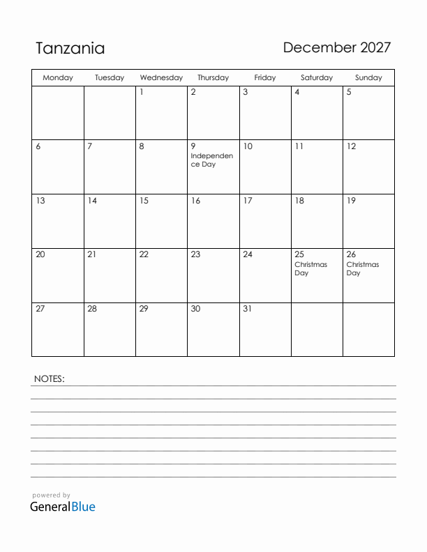 December 2027 Tanzania Calendar with Holidays (Monday Start)