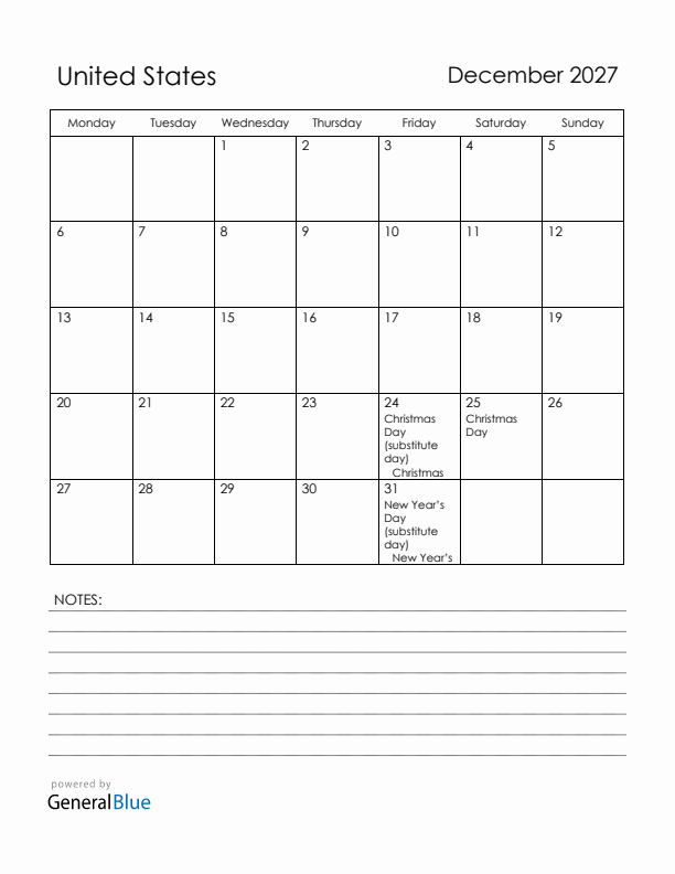 December 2027 United States Calendar with Holidays (Monday Start)