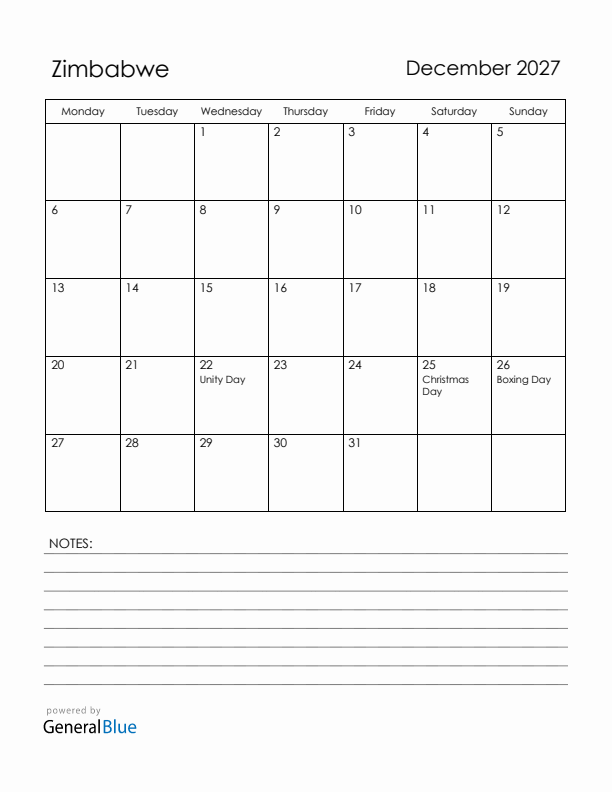 December 2027 Zimbabwe Calendar with Holidays (Monday Start)