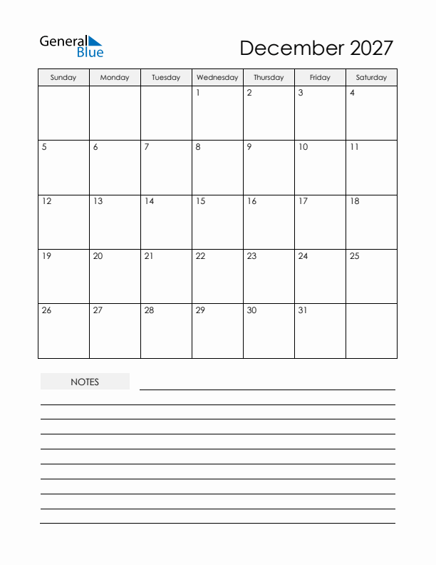 Printable Calendar with Notes - December 2027 