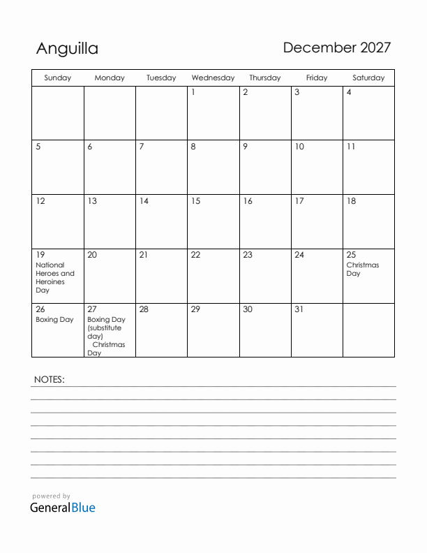 December 2027 Anguilla Calendar with Holidays (Sunday Start)