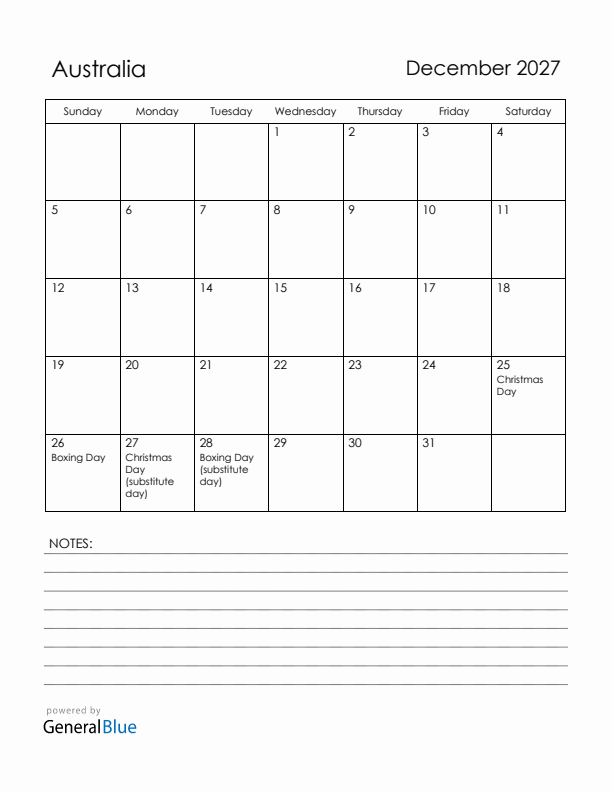 December 2027 Australia Calendar with Holidays (Sunday Start)